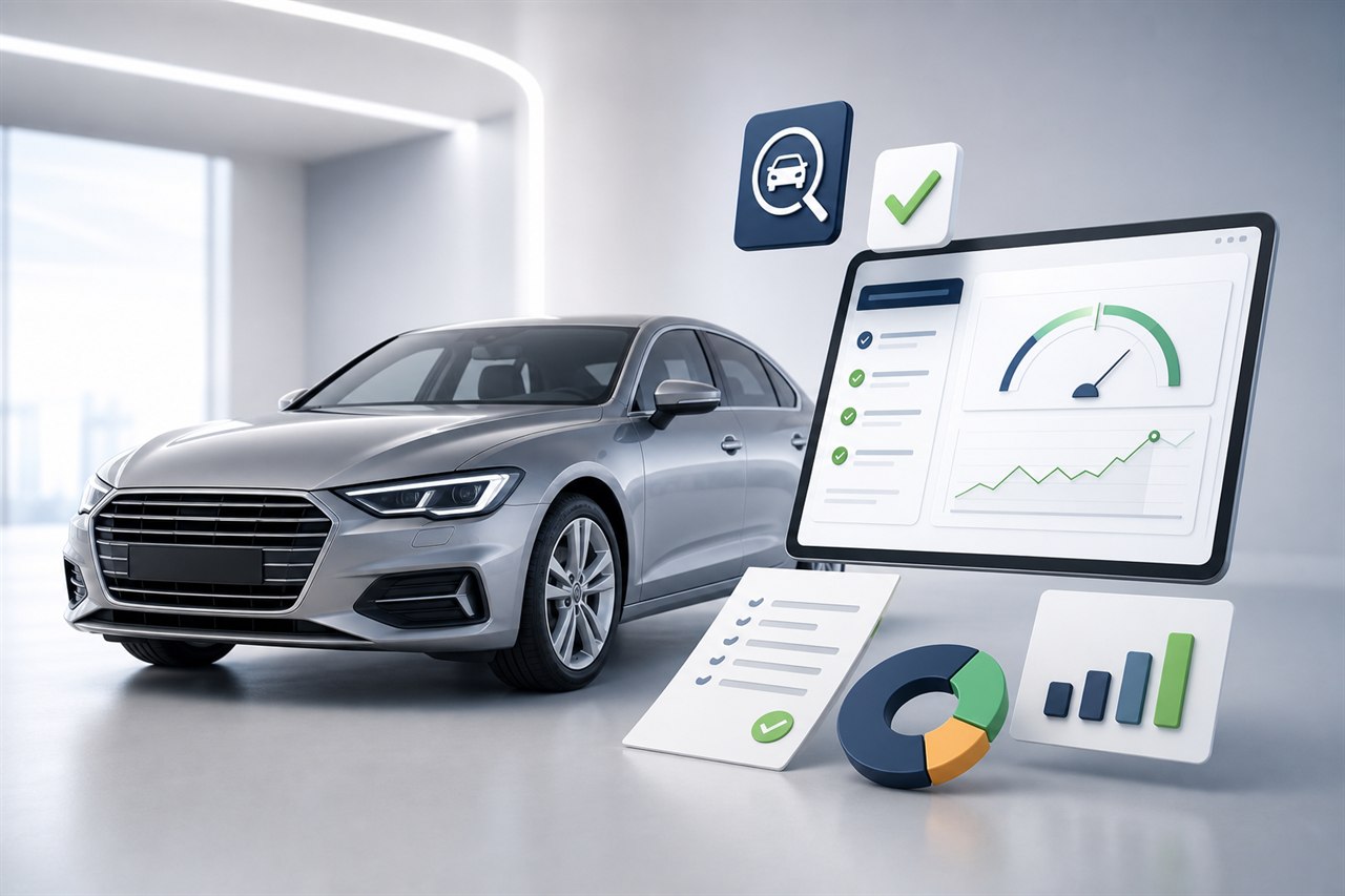 Moderne 3D-Darstellung einer Online-Fahrzeugbewertung mit Auto und digitalem Dashboard