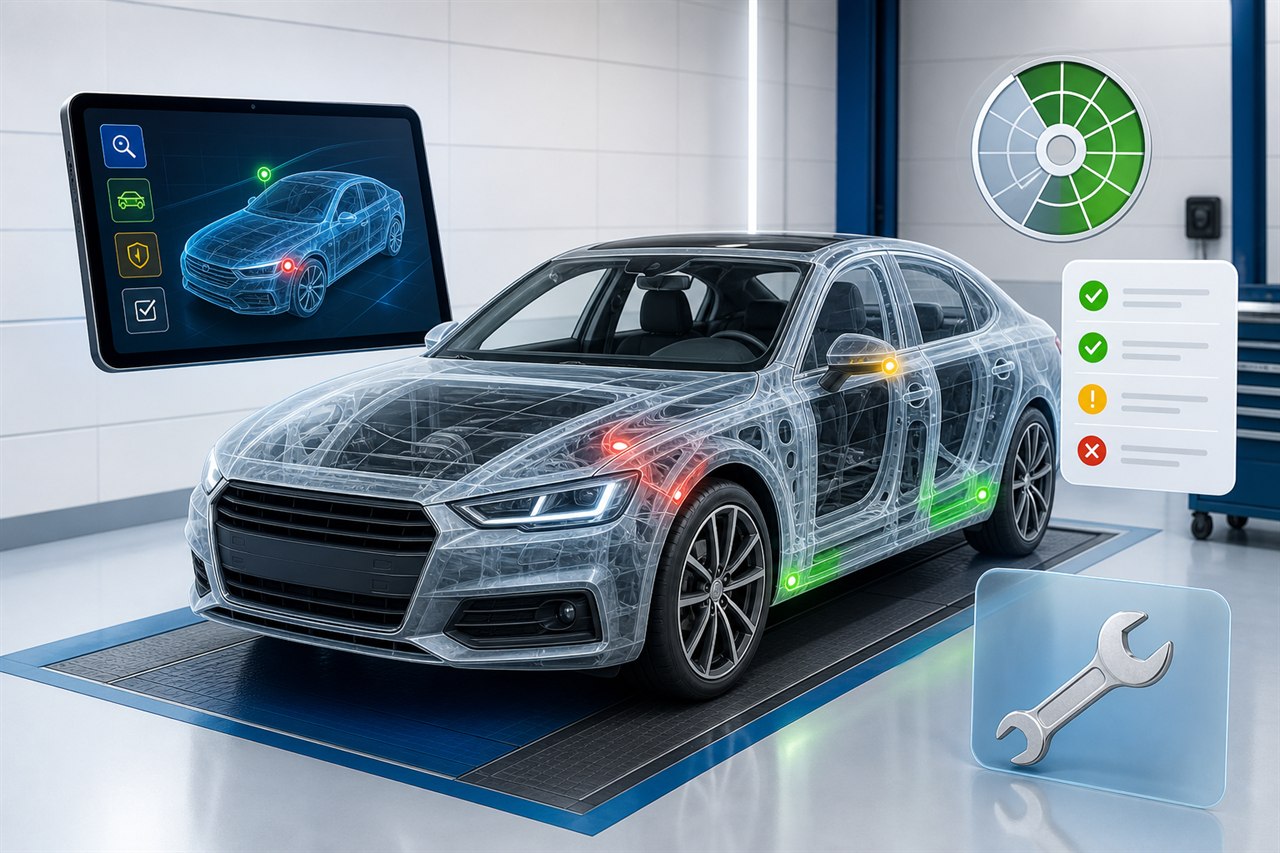 Moderne 3D-Darstellung einer transparenten Zustandsprüfung beim Autoverkauf